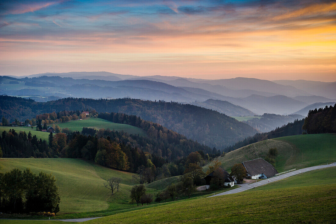 Ausblick auf hügelige Landschaft, teils bewaldet, Abendlicht, bei St Märgen, Schwarzwald, Baden-Württemberg, Deutschland