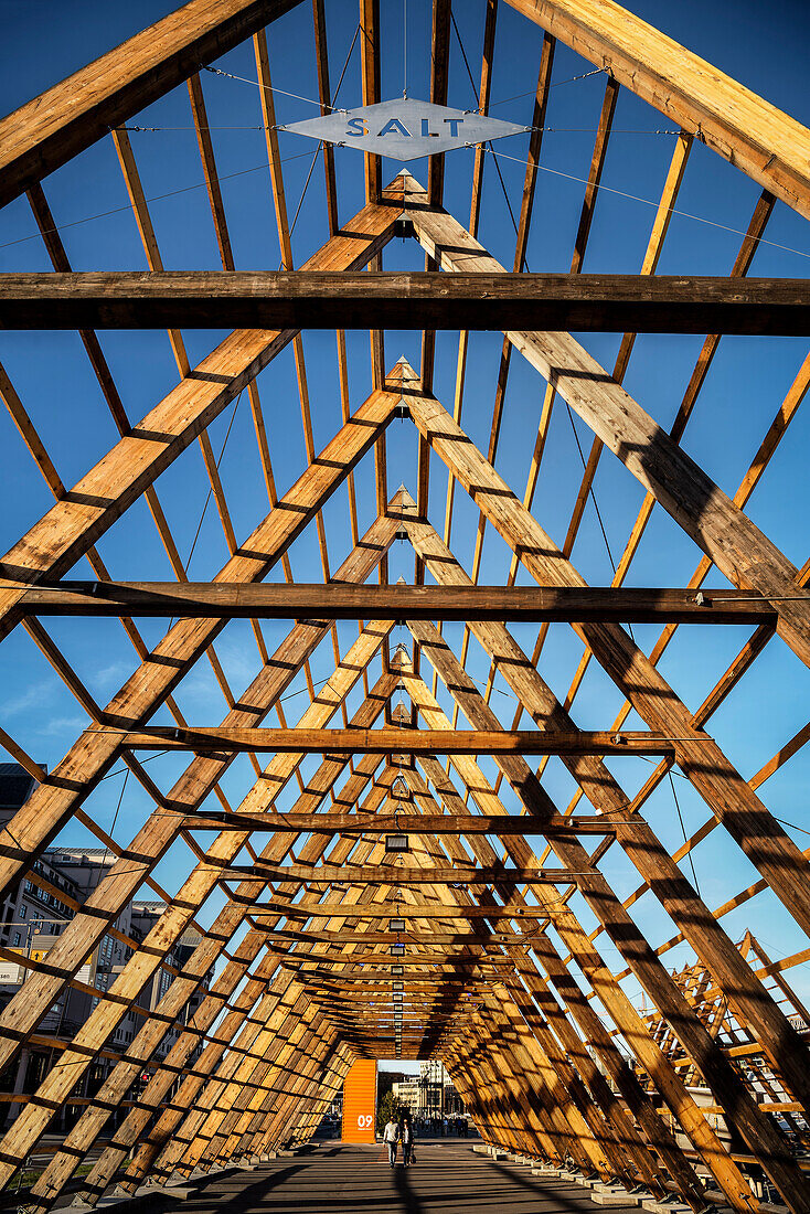 wooden construction SALT (a nomadic art project) at dock of Langkaua close to Opera House, Oslo, Norway, Scandinavia, Europe