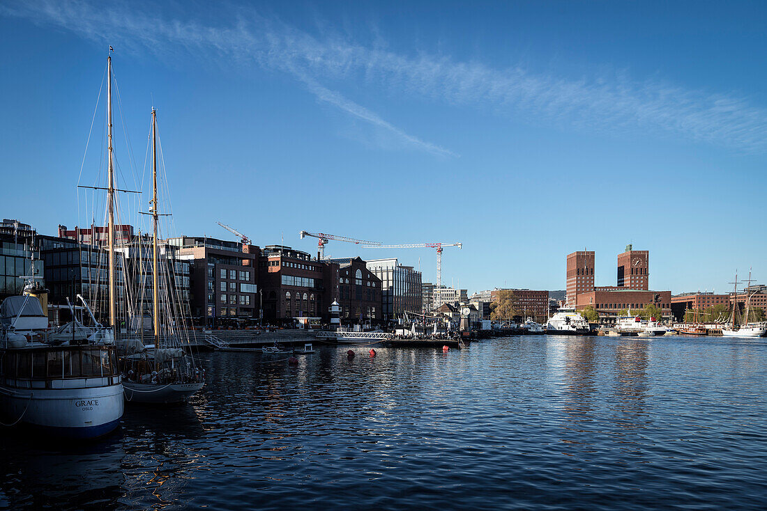 view from docks at Oslo City Hall, Oslo, Norway, Scandinavia, Europe