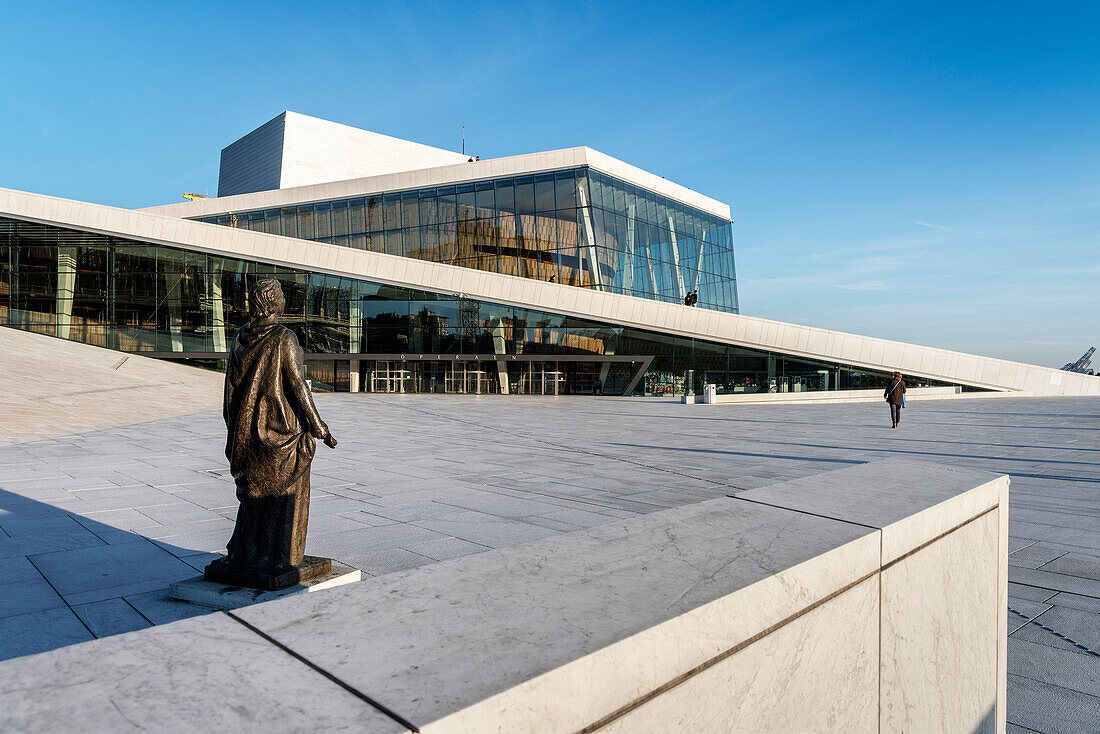 statue in front of Opera, the New Opera House in Oslo, Norway, Scandinavia, Europe