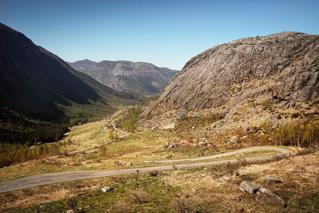 curvy road leading up to Fossmork, Forsand, Rogaland Province, Norway, Scandinavia, Europe