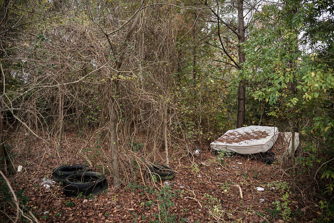 illegale Müllentsorgung an einem Waldstück, Houston, Texas, USA, Vereinigte Staaten von Amerika, Nordamerika