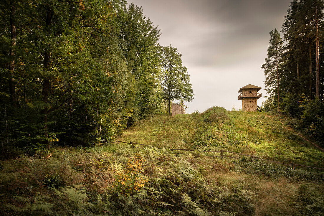 reconstruction of Roman watch tower with palisade, bank and ditch, UNESCO World Heritage Limes, Grosserlach, Grab, Baden-Wuerttemberg, Germany