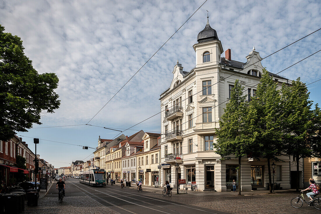 historic buildings and tram at Nauen Gate, Potsdam, Brandenburg, Germany