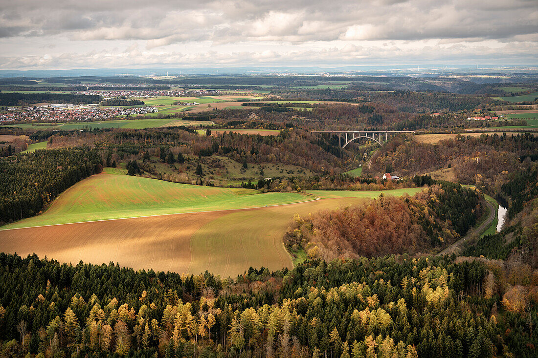view from thyssenkrupp elevator testing tower at surrounding forest countryside, Rottweil, Baden-Wuerttemberg, Germany