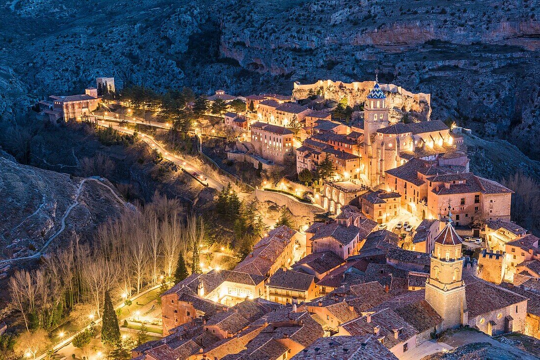 Albarracin town at dusk. Albarracin, Teruel, Aragon, Spain, Europe.