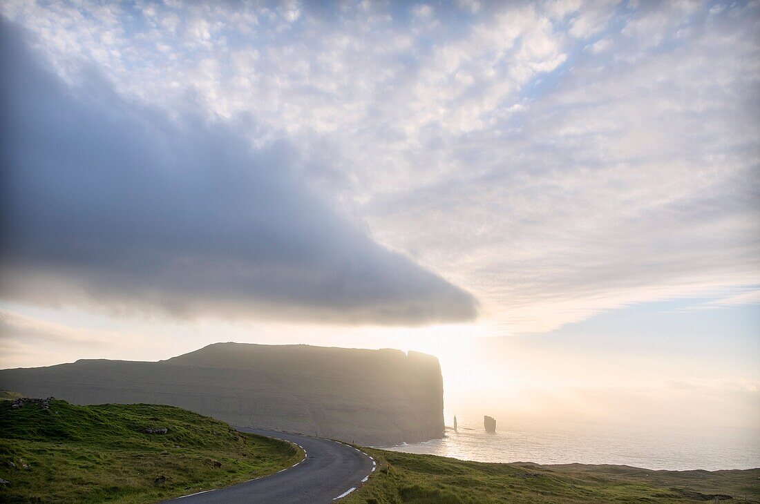 Cliffs of Risin og Kellingin seen from Eidi, Eysturoy Island, Faroe Islands, Denmark.