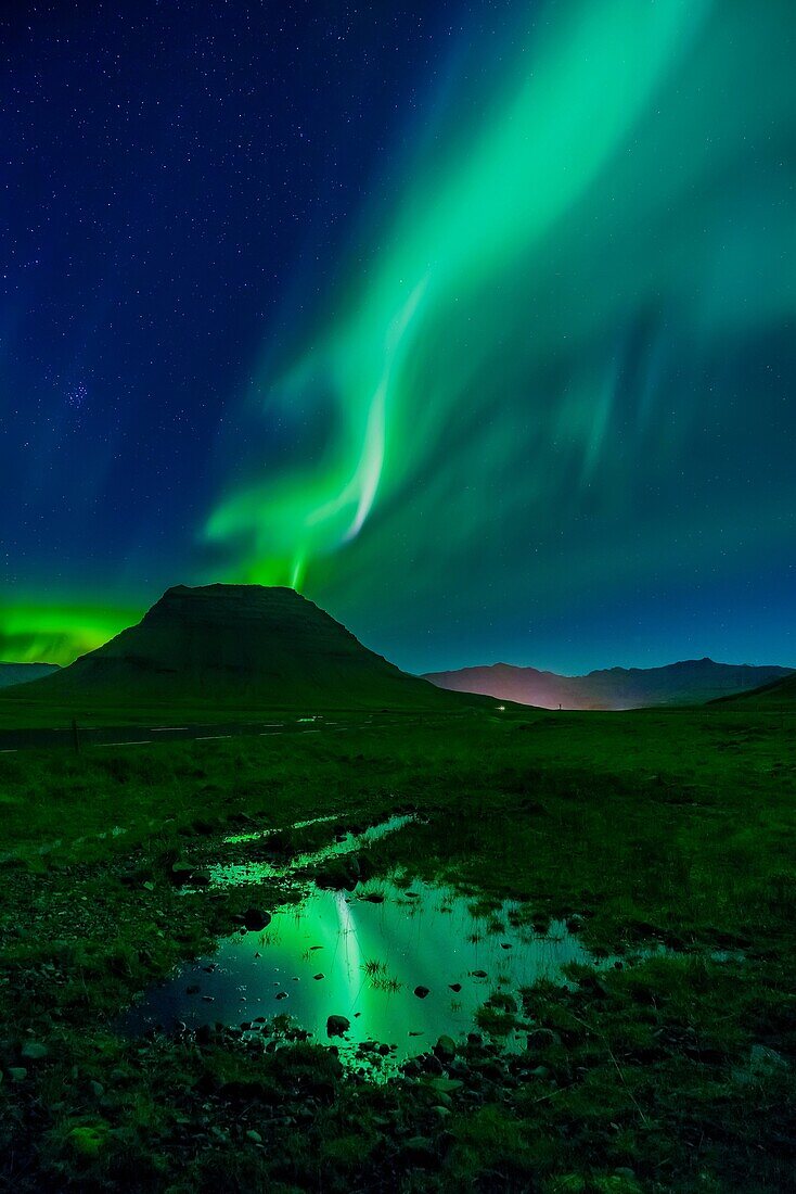 Aurora Borealis, Mt. Kirkjufell, Grundarfjordur, Iceland.
