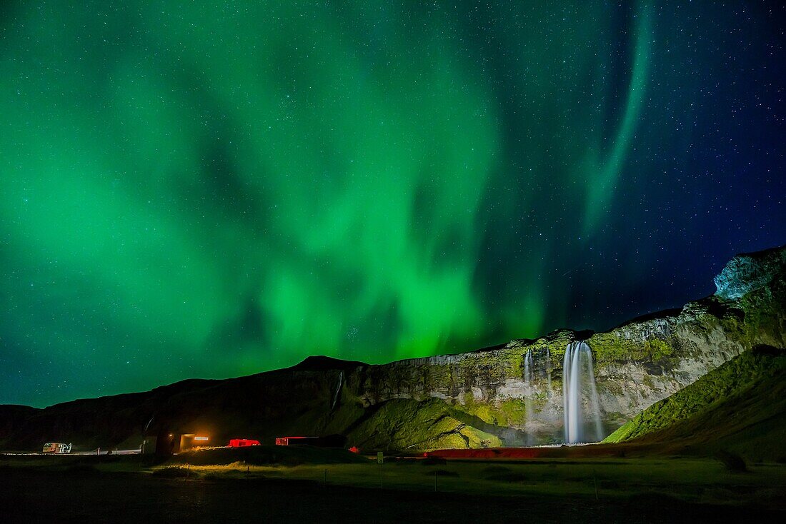 Aurora Borealis, Seljalandsfoss, Iceland.