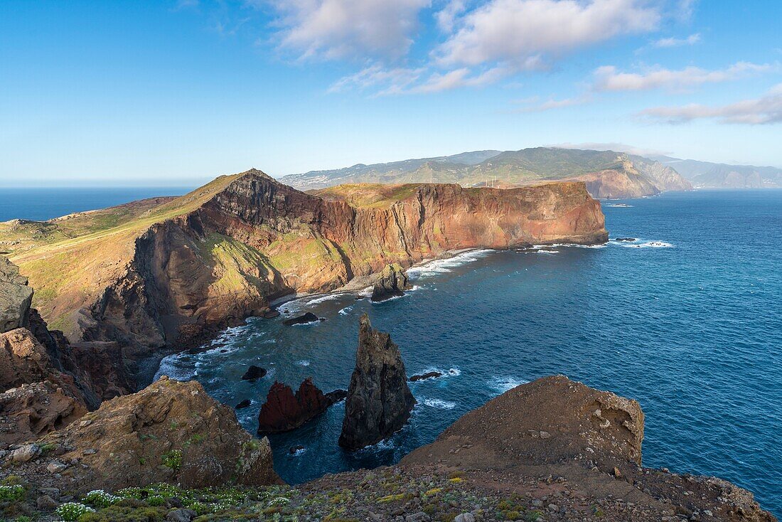 Rocks and cliffs on the Atlantic Ocean at Point of St Lawrence. Canical, Machico district, Madeira region, Portugal.