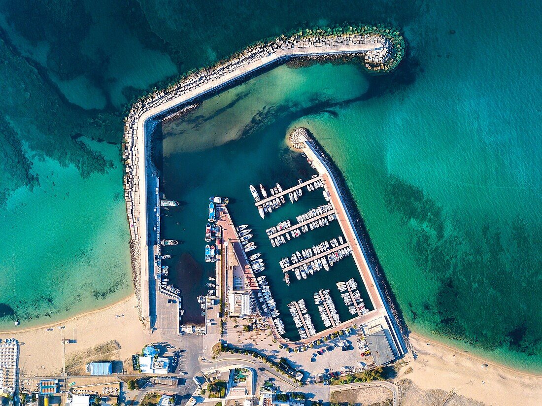 Port of Campomarino di Maruggio aerial view, Taranto province, Apulia, Salento, Italy, Europe.