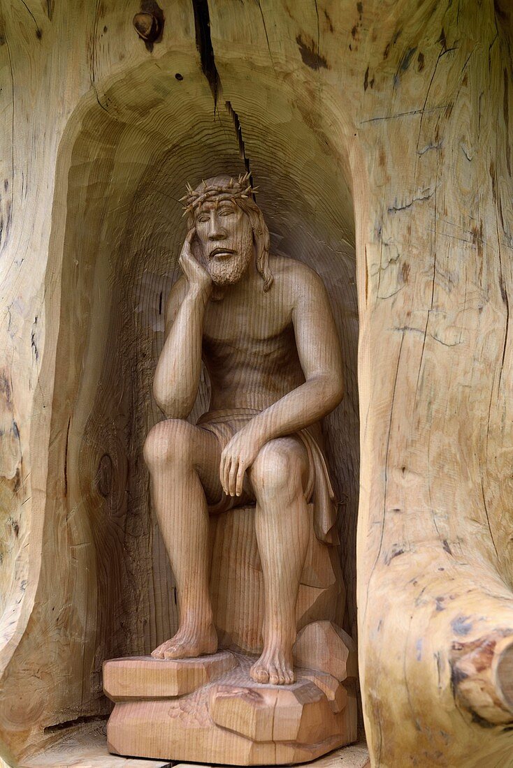 Representation of ''Worried'' or ''Distressed'' Christ, related to the Polish folk culture, village of Chocholow, Podhale region, Malopolska Province (Lesser Poland), Poland, Central Europe.