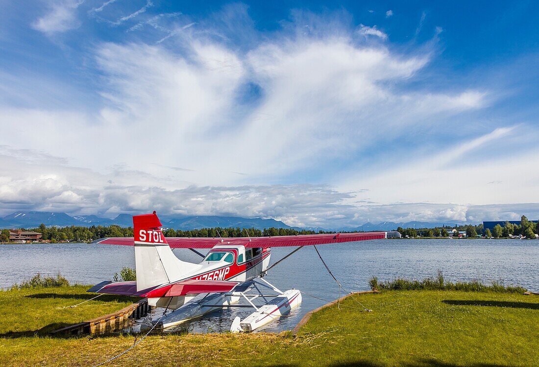 Seaplane or floatplane at Lake Hood Seaplane Base the world's busiest seaplane base located in Acnhorage Alaska.