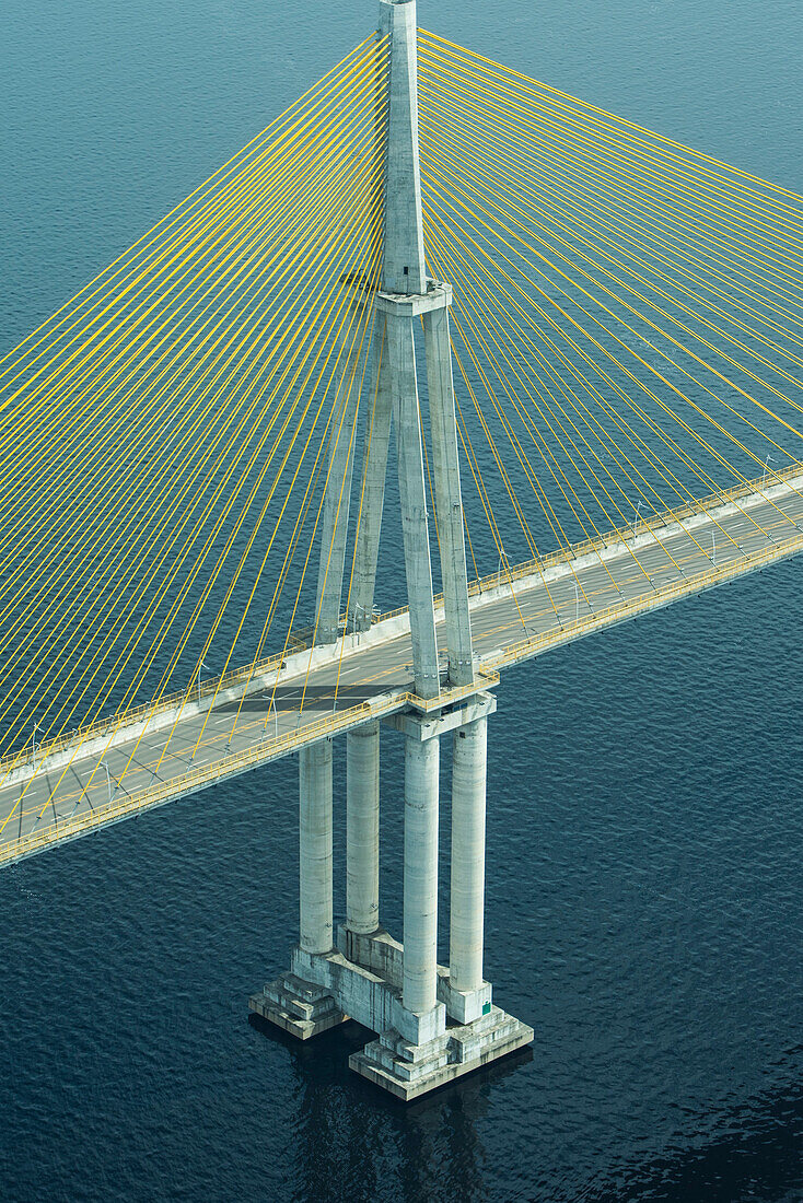 Aerial of 158-meter-high (518 feet) tower belonging to the 3595-meter-long (2.23-mile-long) Rio Negro Bridge (Ponte Rio Negro), Manaus, Amazonas, Brazil, South America