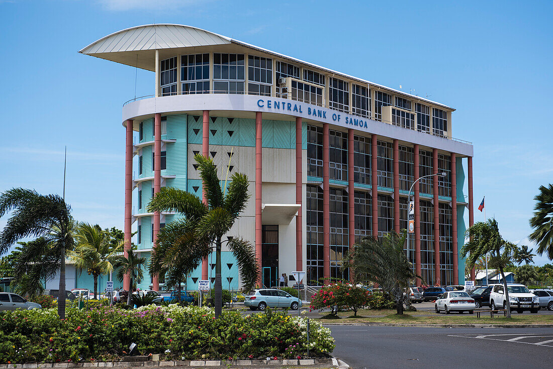 The high-rise Central Bank of Samoa stands in the capital city, Apia, Upolu, Samoa, South Pacific