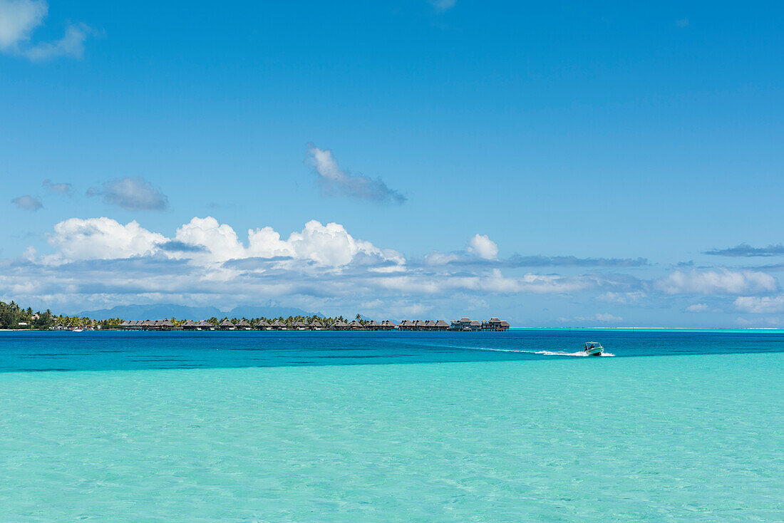 A small motorboat crosses from darker blue, deeper water into the lighter, blue-green, shallower water, with overwater bungalows on stilts from a luxury resort in the background, Bora Bora, Society Islands, French Polynesia, South Pacific