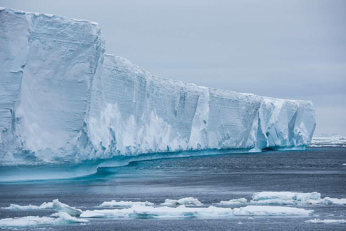 Nahansicht eines massiven, gestrandeten Eisbergs, der 20 Meter oder mehr über die Wasseroberfläche ragt, Paulet Island, Antarktische Halbinsel, Antarktis