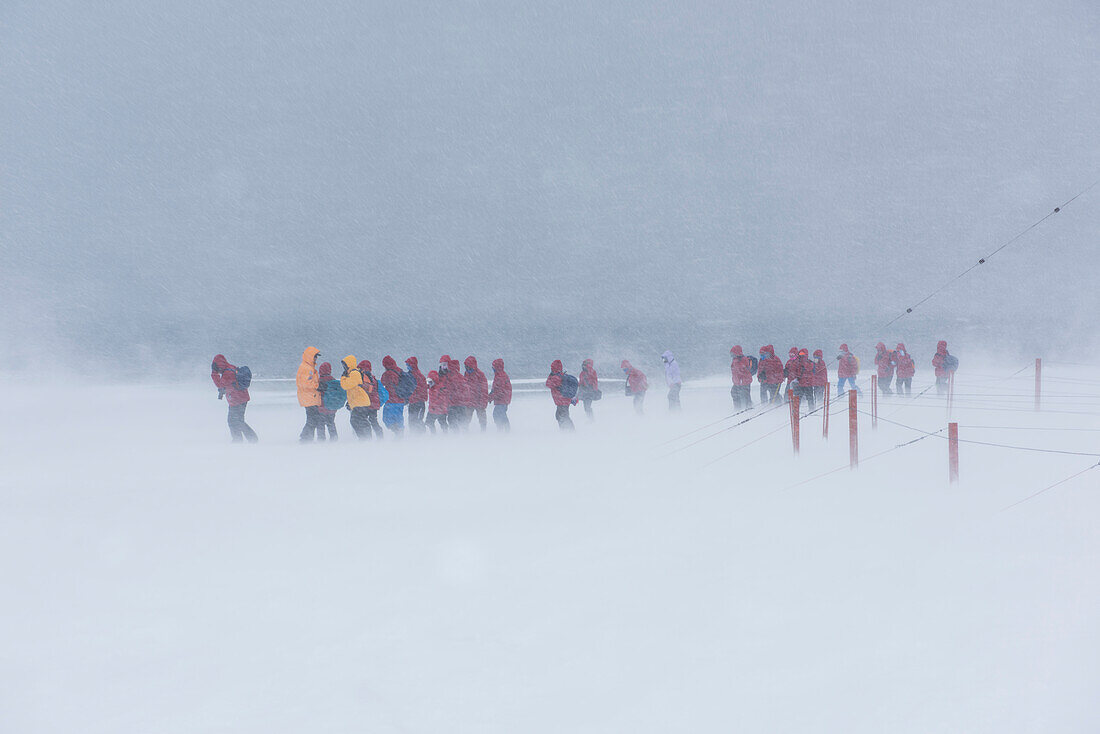 Passengers from a visiting expedition cruise ship brave a blizzard to see the Argentinian Base Orcadas research station, Laurie Island, South Orkney Islands, Antarctica