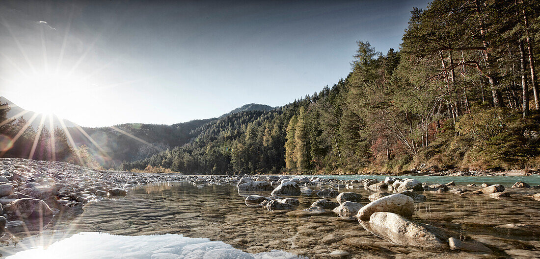 panoramic view   River Isar, river Isar, hinterau valley, Karwendel mountains, Tyrol, Austria