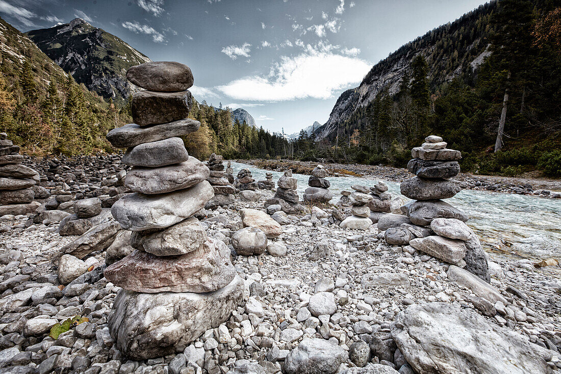 Stone towers, River Isar, river Isar, hinterau valley, Karwendel mountains, Tyrol, Austria