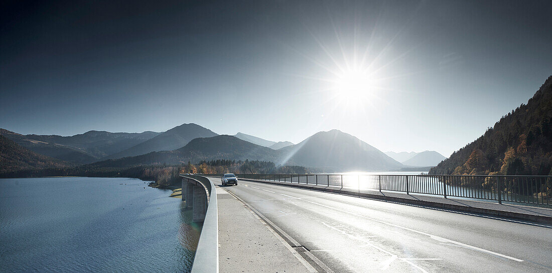 Sylvenstein bridge across Sylvenstein barrier lake, Karwendel, bavaria, germany