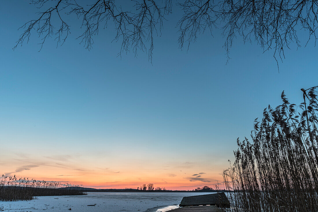 Winterlandschaft Steg am gefrorenem See in Deutschland zur blauen Stunde