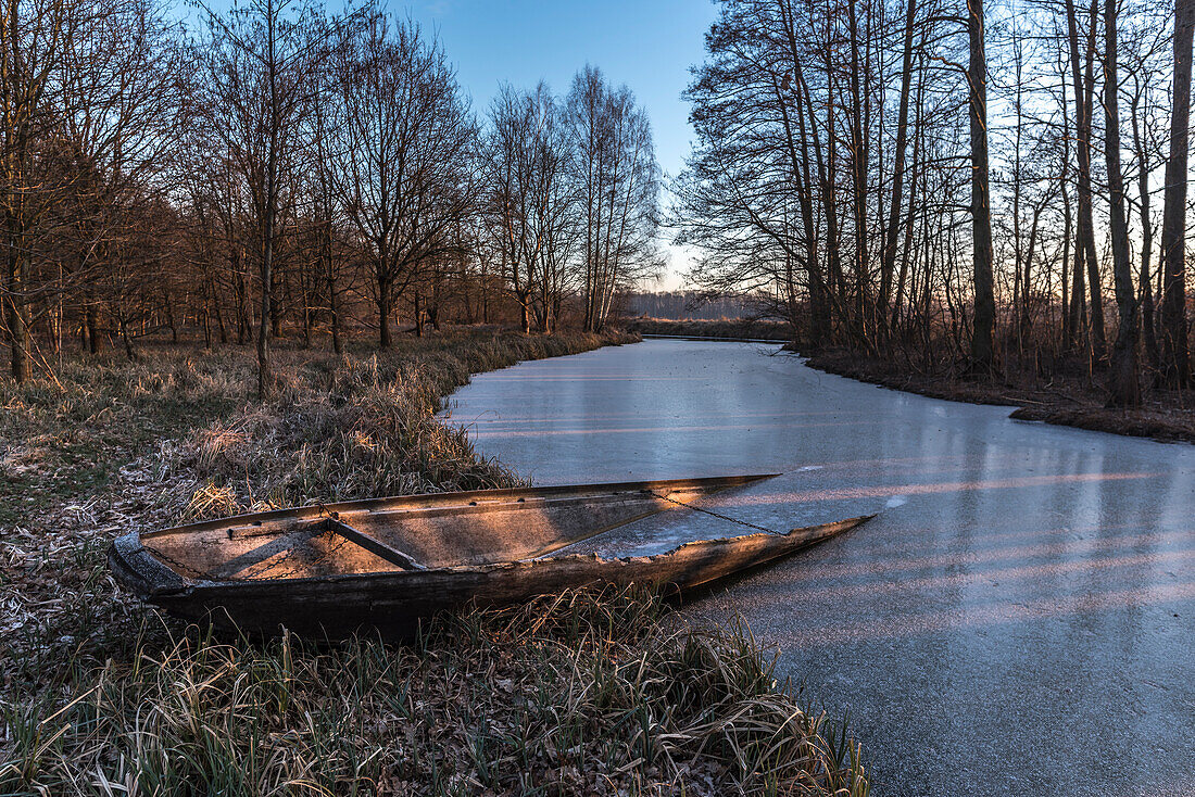 Im Eis eingefrorener Kahn in einem Fluss des Spreewaldes zur blauen Stunde im Morgengrauen