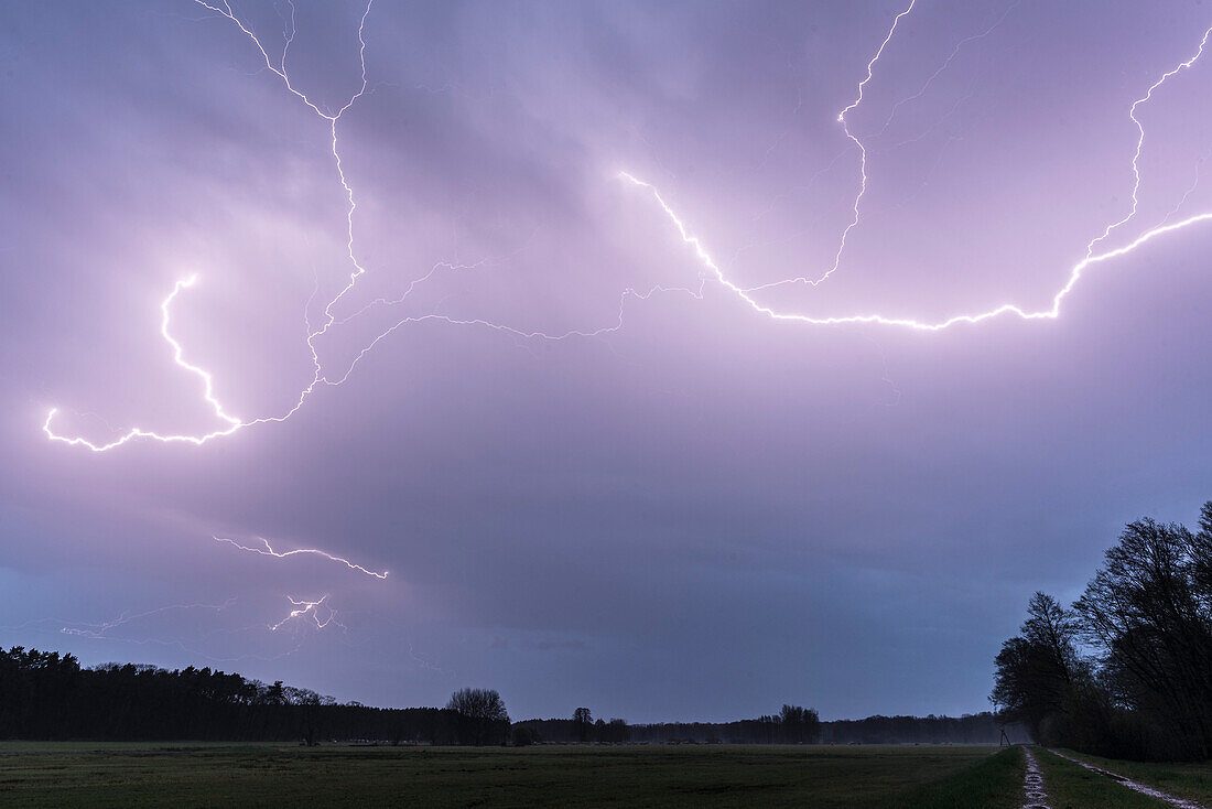 Thunderstorms and lightning over the landscape of the Spreewald