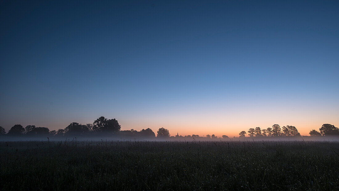 Morning mist over the meadows of the Spreewald during sunrise