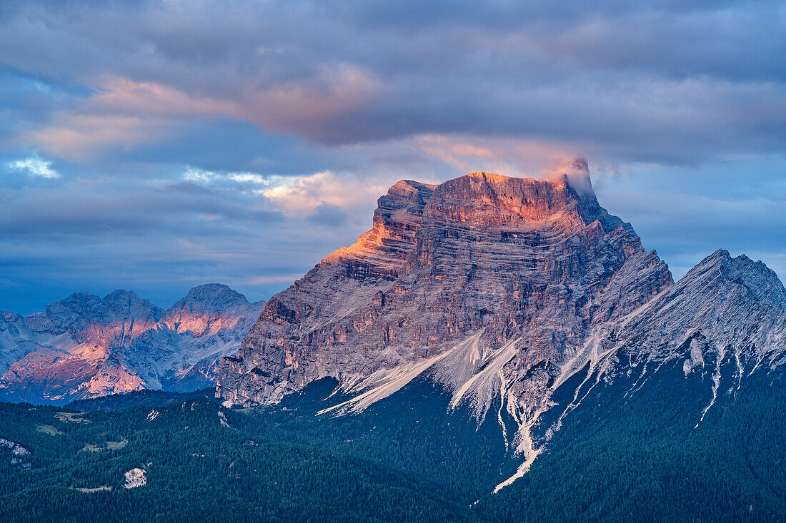 Monte Pelmo at sunrise in clouds, from Antelao, Dolomites, UNESCO World Heritage Site Dolomites, Venetia, Italy