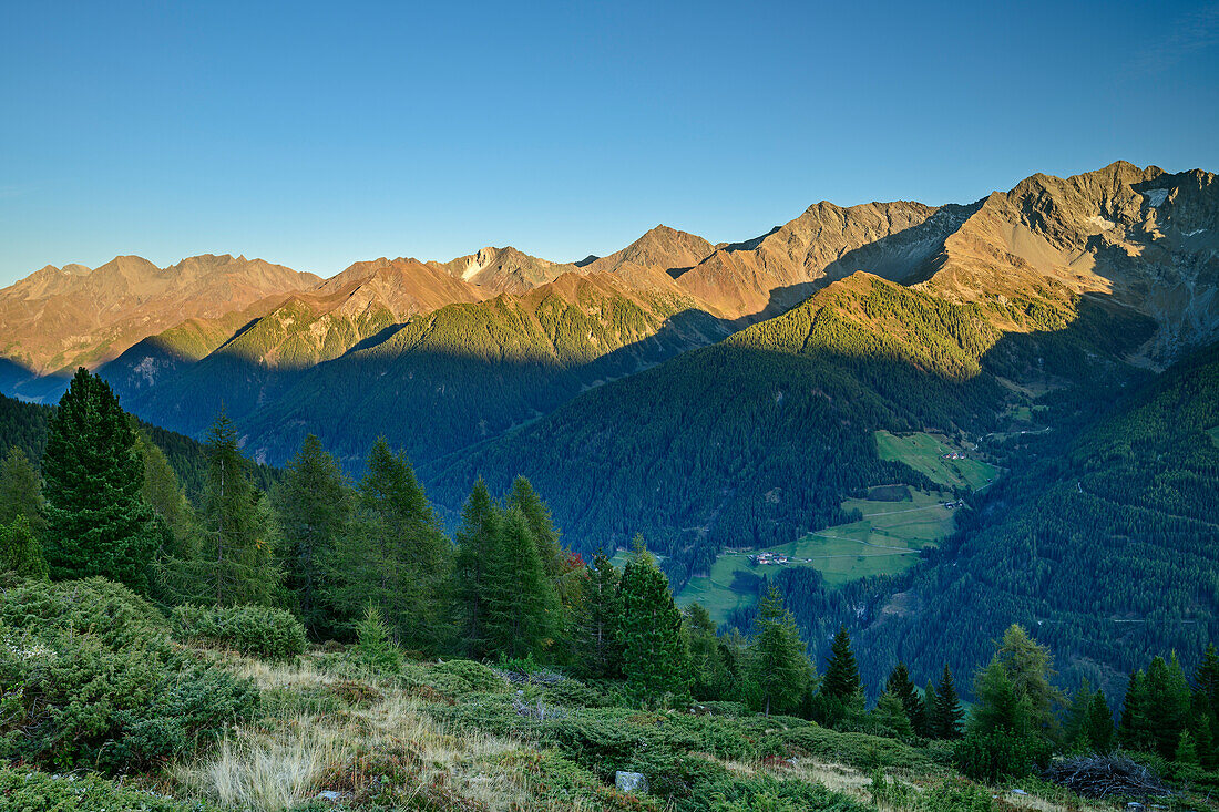 View to Katzenkofel, Hirbernock and Durreck, from hut Unterholzer Huette, Holzerboeden, valley of Ahrntal, Zillertal Alps, South Tyrol, Italy