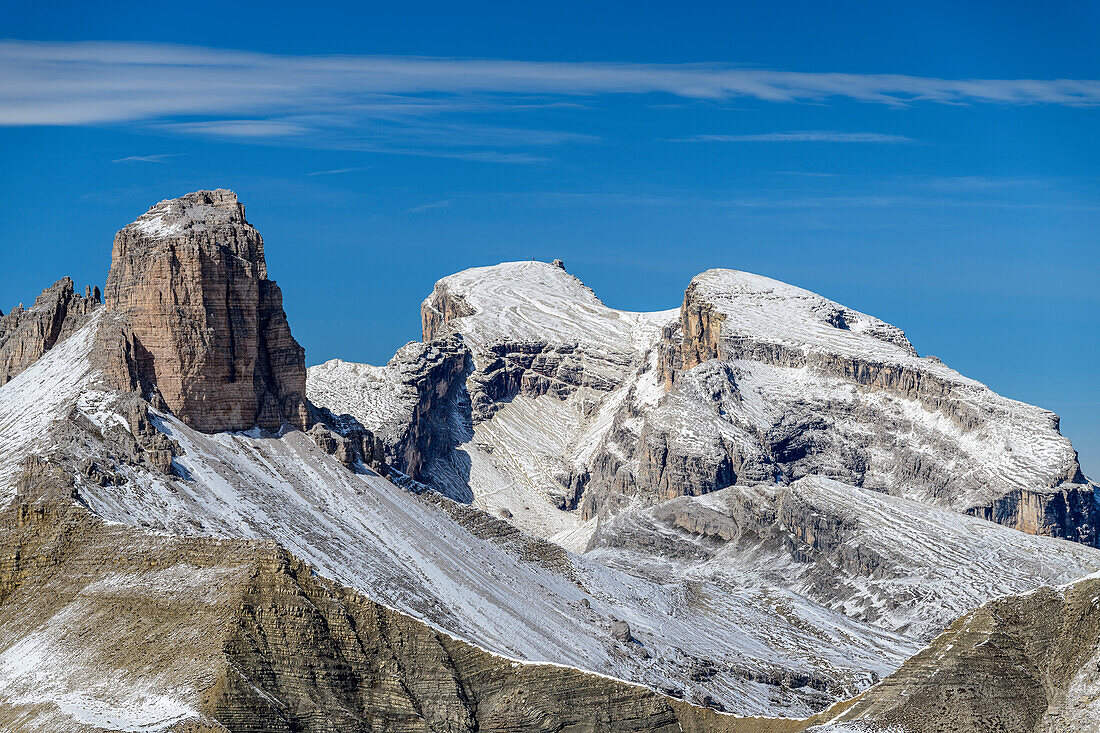 Schwabenalpenkopf, Hochebenkofel und Mitterebenkofel, vom Paternsattel, Drei Zinnen, Sextener Dolomiten, Dolomiten, UNESCO Welterbe Dolomiten, Venetien, Venezien, Italien