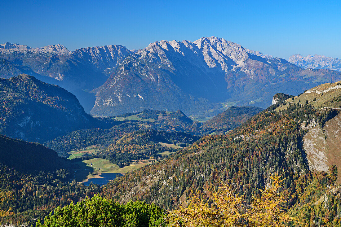 View towards Berchtesgaden Alps and lake Seewaldsee, from Hochwieskopf, Salzkammergut, Salzburg, Austria