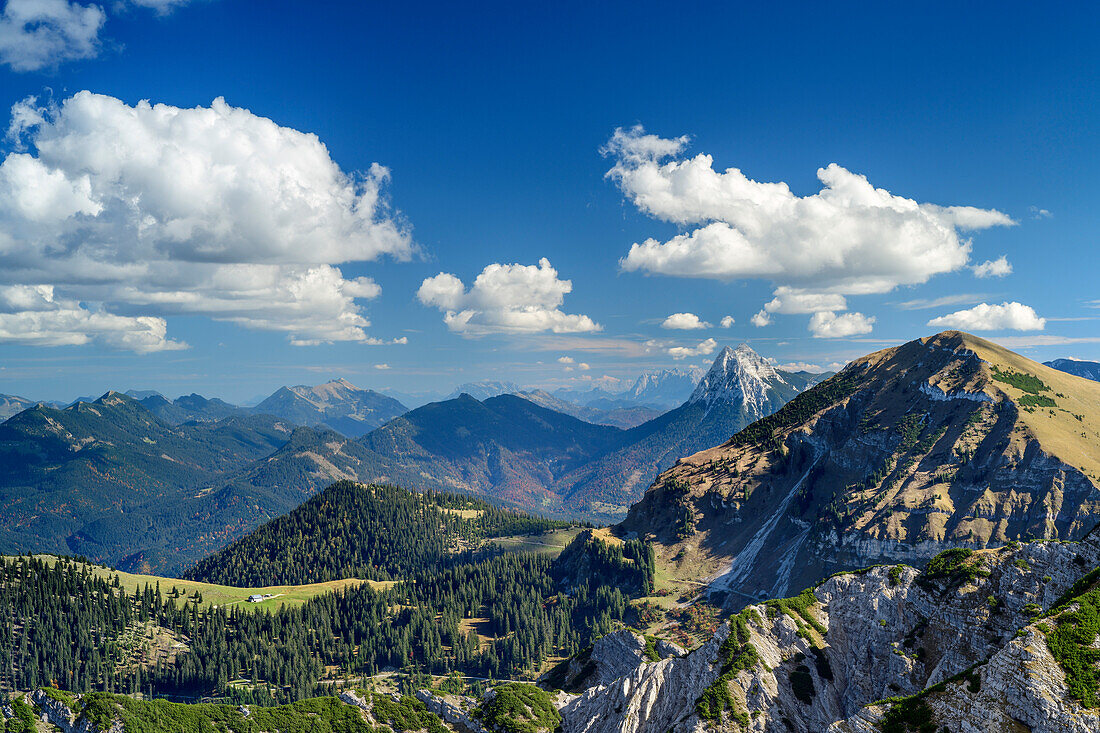 View to Guffert and Juifen, from Demeljoch, Karwendel, Upper Bavaria, Bavaria, Germany