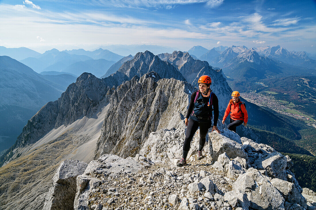 Two women ascending towards summit of Woerner, Woerner, Karwendel range, Upper Bavaria, Bavaria, Germany