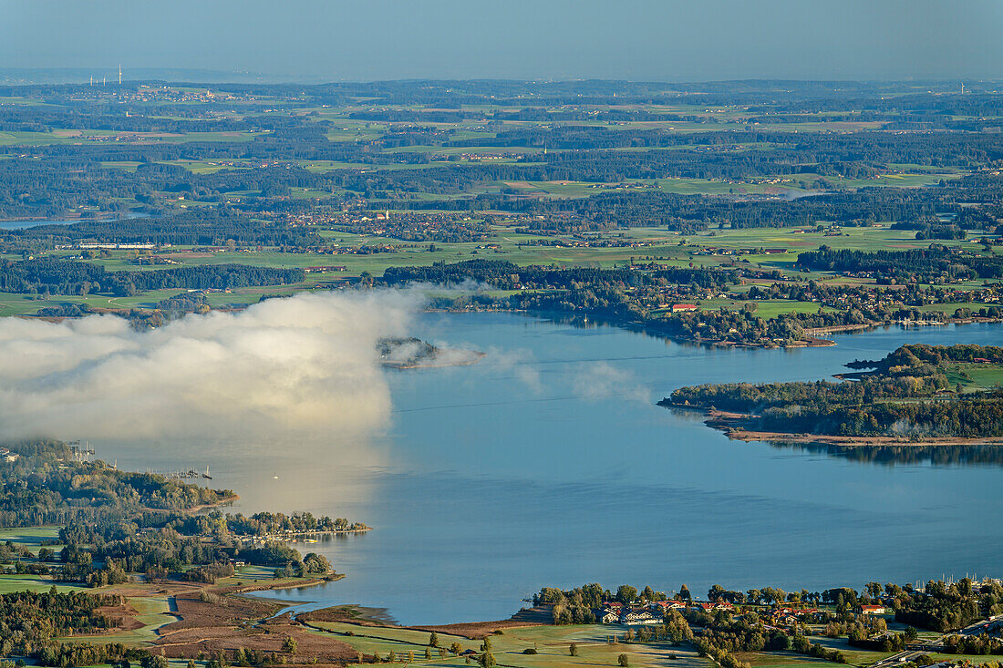 Lake Chiemsee partly in clouds, from Gedererwand, Kampenwand, Chiemgau Alps, Chiemgau, Upper Bavaria, Bavaria, Germany