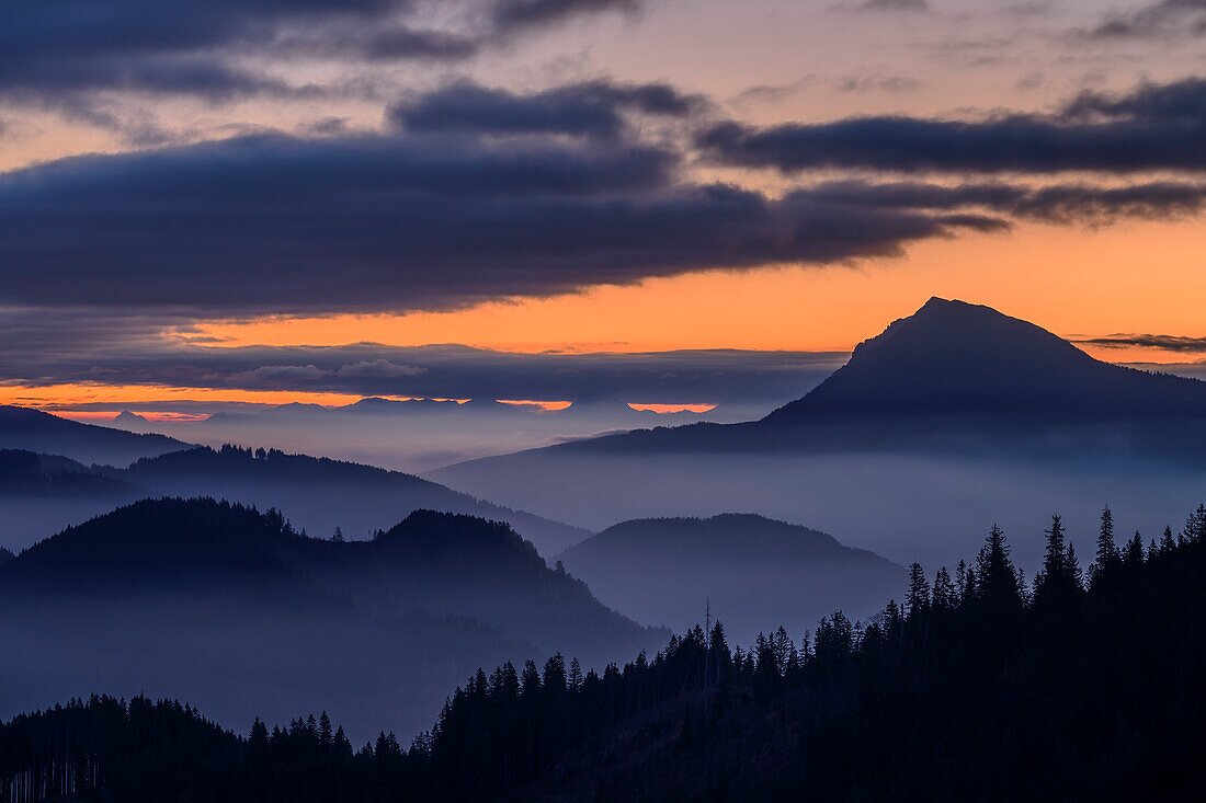 Kulissenstaffelung in der Morgendämmerung mit Blick auf Zwiesel und Chiemgauer Alpen, vom Hochfelln, Chiemgauer Alpen, Oberbayern, Bayern, Deutschland