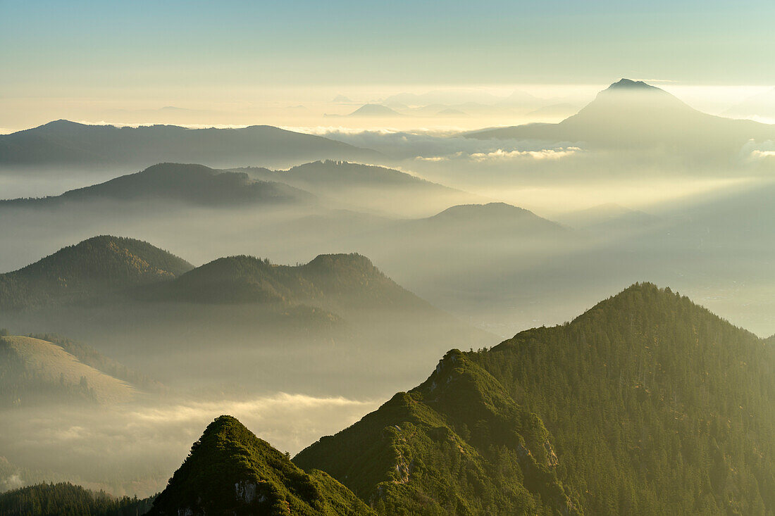 Mood of fog beneath Chiemgau Alps with Zwiesel, from Hochfelln, Chiemgau Alps, Upper Bavaria, Bavaria, Germany