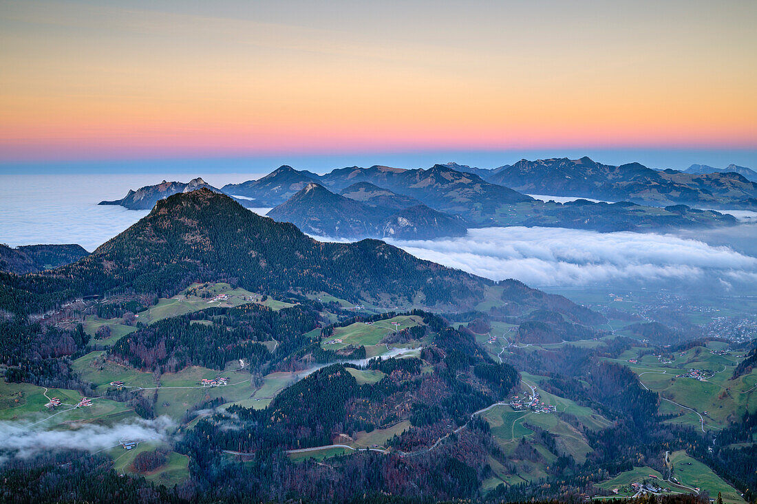 View from Bruennstein to Wildbarren and Chiemgau Alps with sea of fog and Earth's shadow, Bruennstein, Mangfall Mountains, Bavarian Alps, Upper Bavaria, Bavaria, Germany
