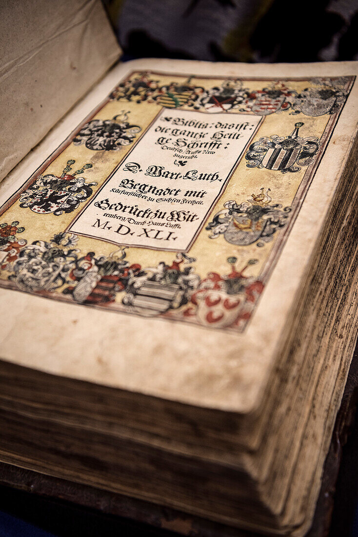 historic bible in library exhibition at Ehrenburg castle, Coburg, Upper Franconia, Bavaria, Germany