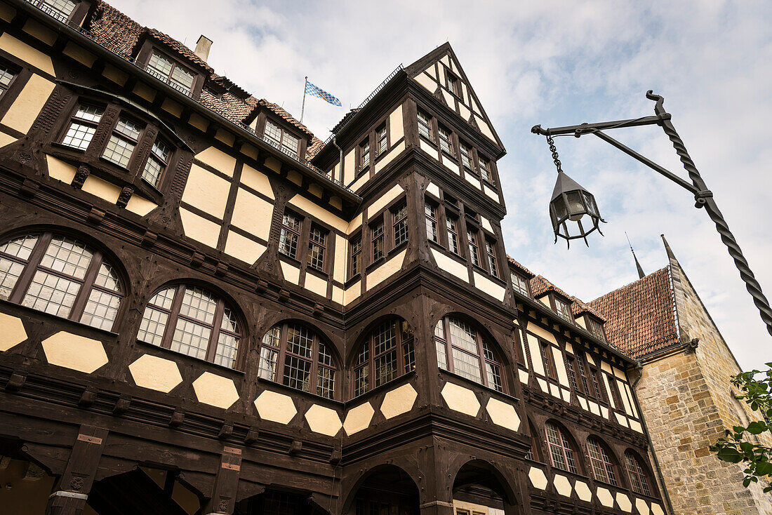 Bavarian flag and framework romantic, Coburg castle, Upper Franconia, Bavaria, Germany