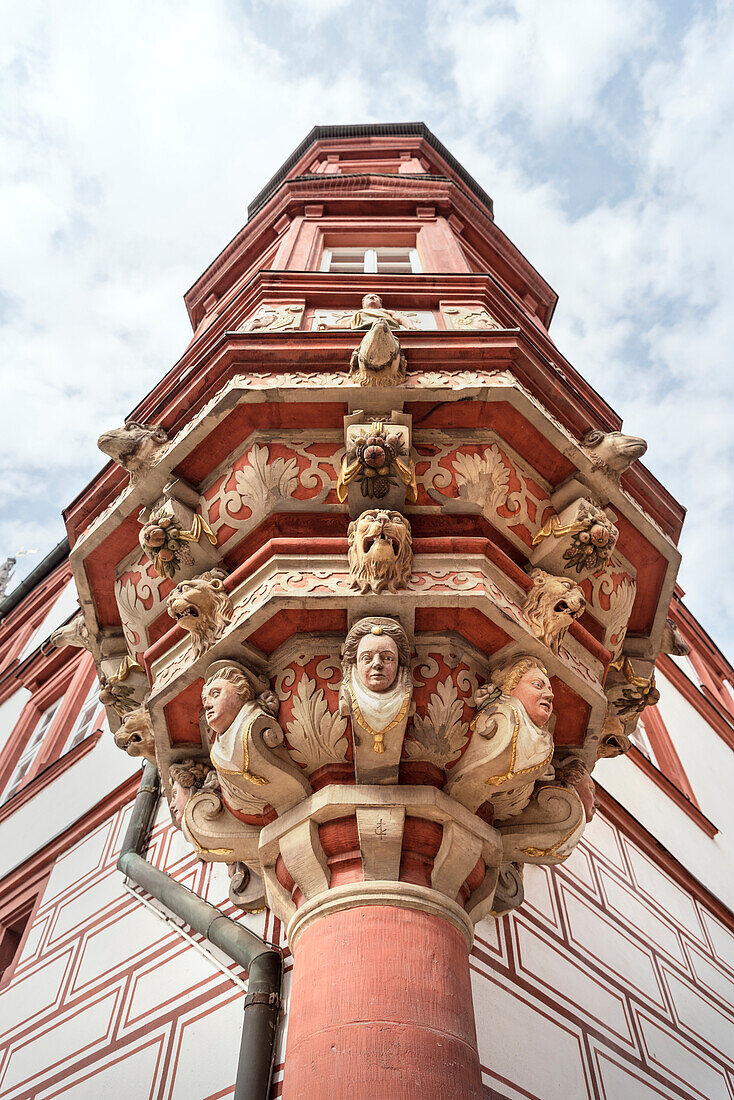 detail of oriel, historic buildings at market place of Coburg, Upper Franconia, Bavaria, Germany
