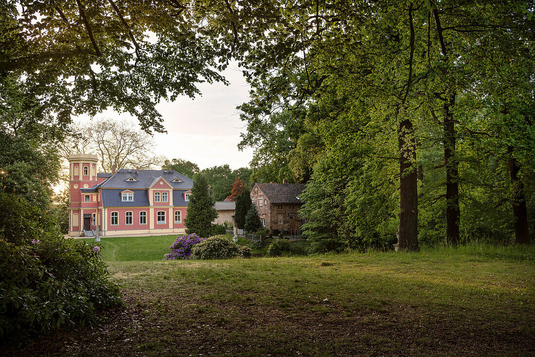 historic buildings at Azalea and rhododendron park Kromlau, Gablenz, Goerlitz district, Saxony, Germany