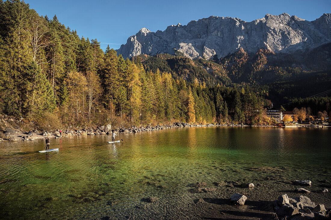 Stehpaddler, Stand Up Paddler (SUP) fahren auf dem Eibsee unterhalb Zugspitze, Gemeinde Grainau, Garmisch-Partenkirchen, Bayern, Alpen, Deutschland