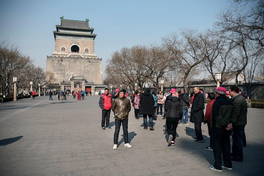 big group of Chinese tourists in front of Bell Tower, Beijing, China, Asia
