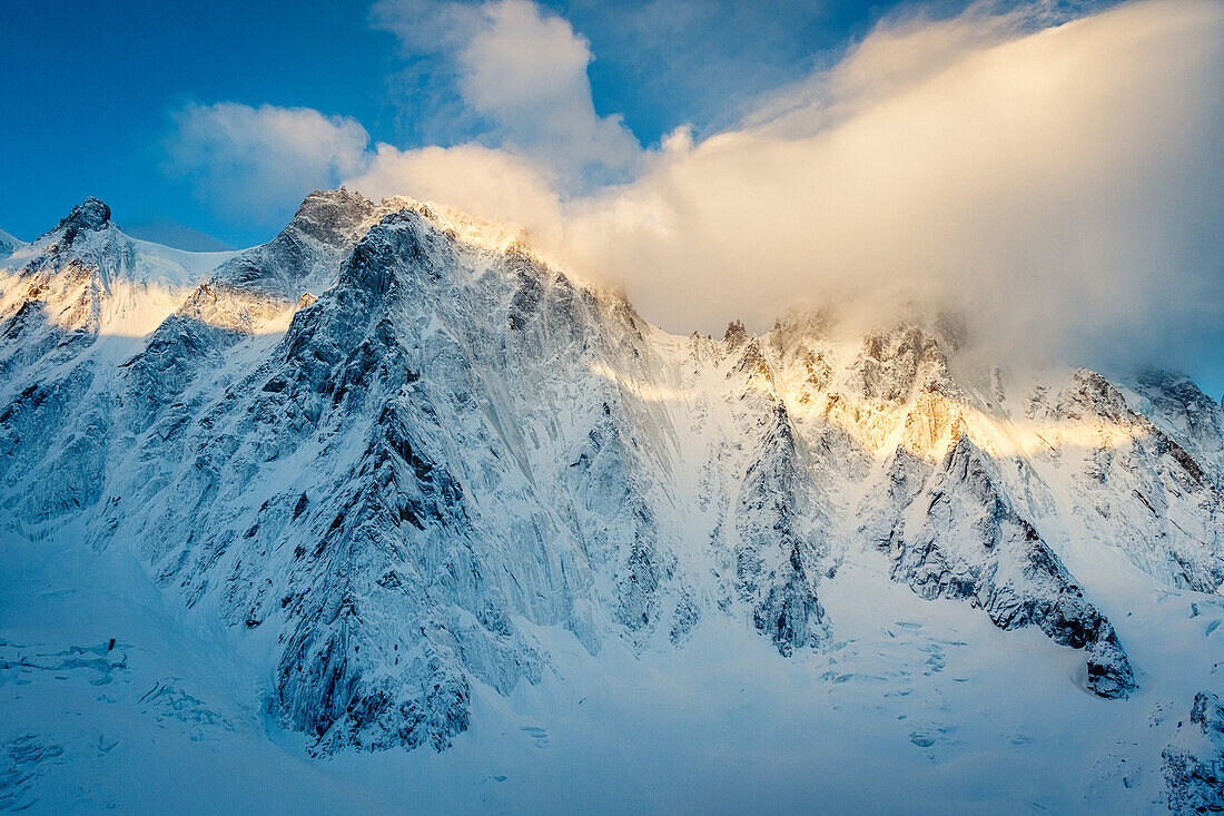 Aiguille Verte during the first light of the day, fresh snow, Chamonix, Haute-Savoie, France