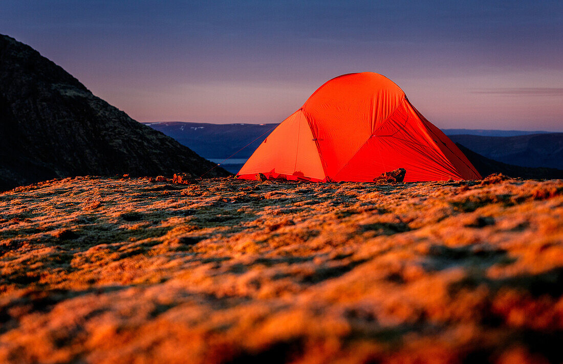 Orangenes Zelt bei Sonnenaufgang auf einem moosigen Bergrücken auf Island, Hofn, Vesturland, Island