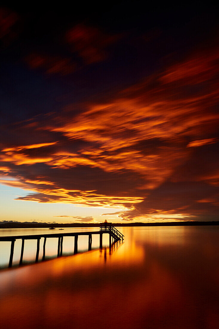 Jetty and Lake, sunset, Ambach, Lake Starnberg, bavaria, germany