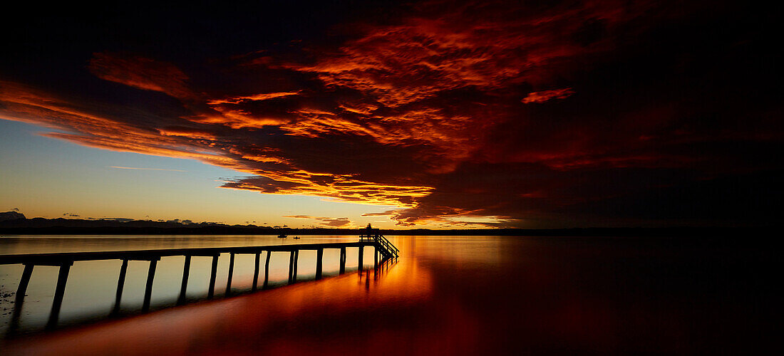 Jetty and Lake, sunset, Ambach, Lake Starnberg, bavaria, germany