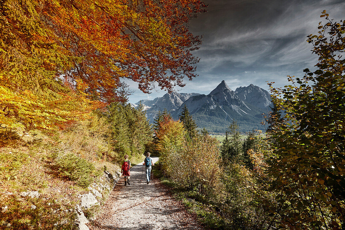 Zwei Bergwanderer auf dem Weg nach Ehrwald , Ehrwald, Alpen, Tirol, Österreich
